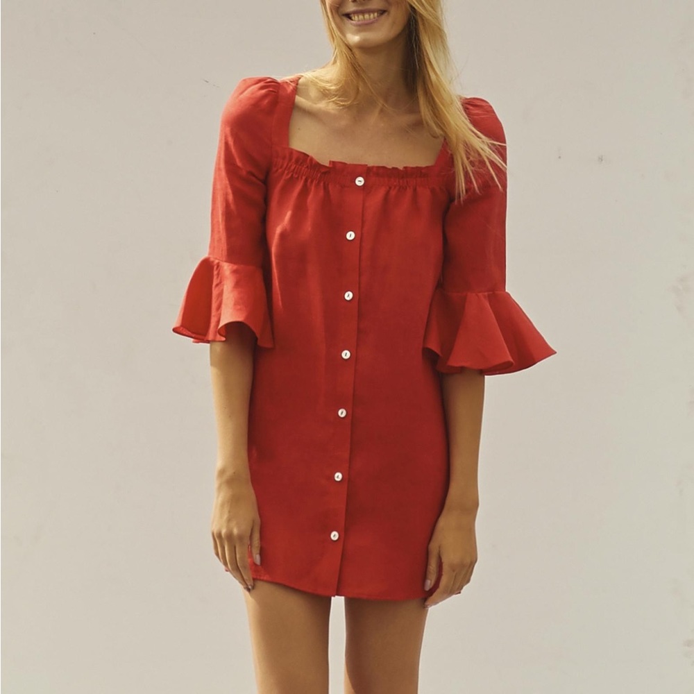 Sleeper Red Button-Front Mini Dress - Picture 2 of 16